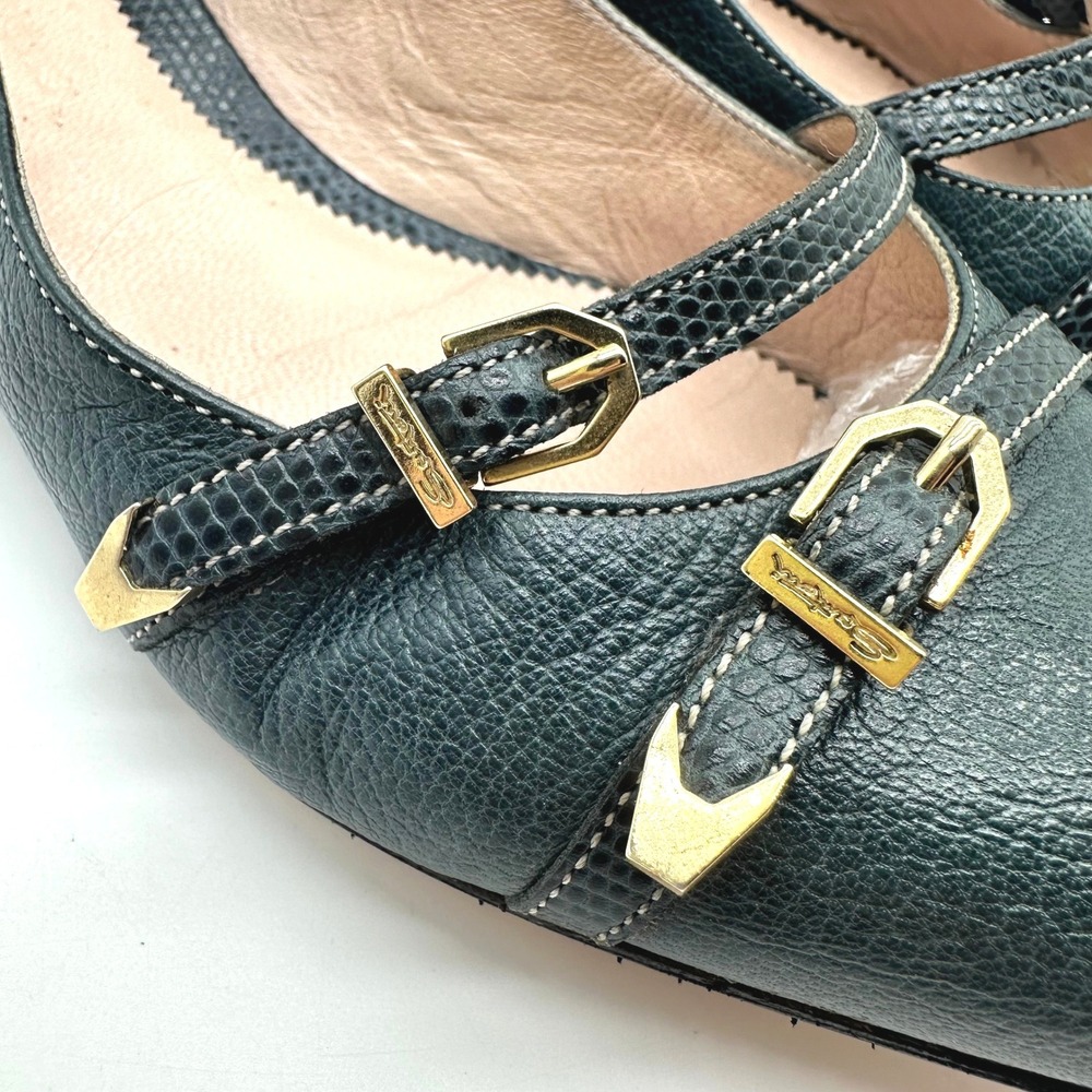 Vintage Santoni Italy Double Buckle Pointed Flats Teal Blue Pebble Leather 7.5 - Picture 2 of 10